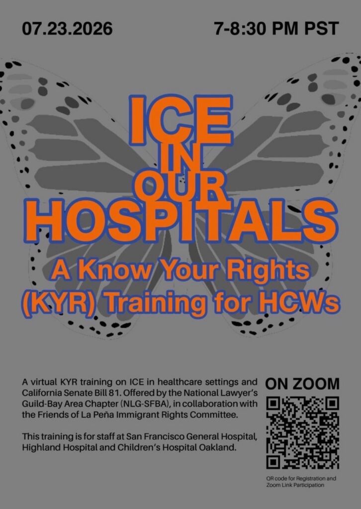 Flyer advertising a know your rights training for healthcare workers from 7-8:30 PM on July 23, 2026 on Zoom.